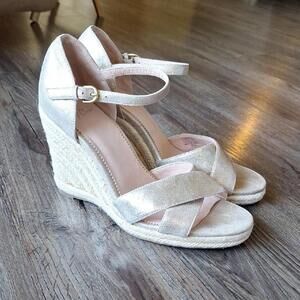J. Crew Silver Metallic Espadrille Wedge Open Toe Sandal Size 9.5